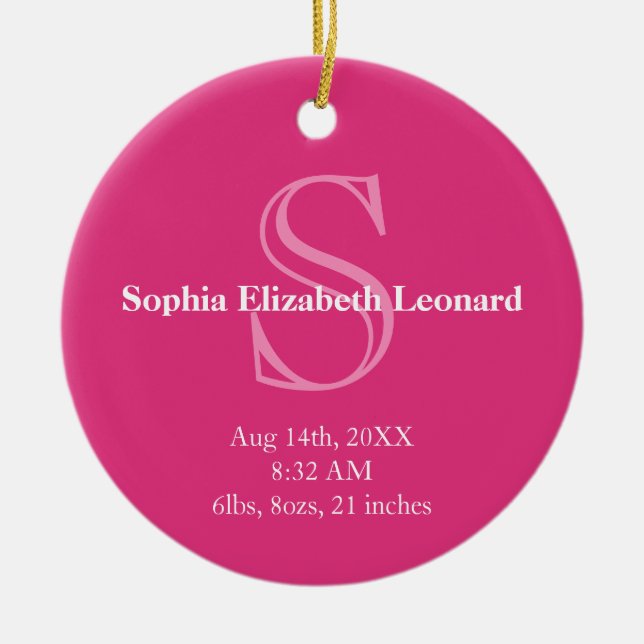 Newborn baby statistic monogram keepsake pink ceramic tree decoration (Front)