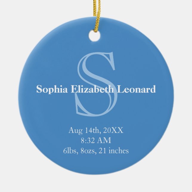Newborn baby statistic monogram keepsake sky blue ceramic tree decoration (Front)