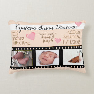 Newborn Baby Stats Three Photo Movie Reel Custom Decorative Cushion