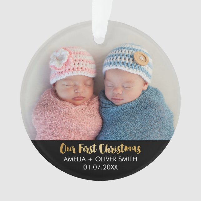 Newborn Baby Twins Photo Holiday Ornament (Front)