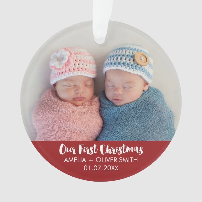 Newborn Baby Twins Photo Holiday Ornament (Front)