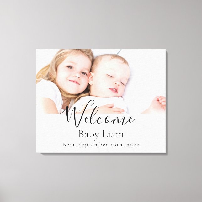 Newborn baby welcome photo name canvas print (Front)