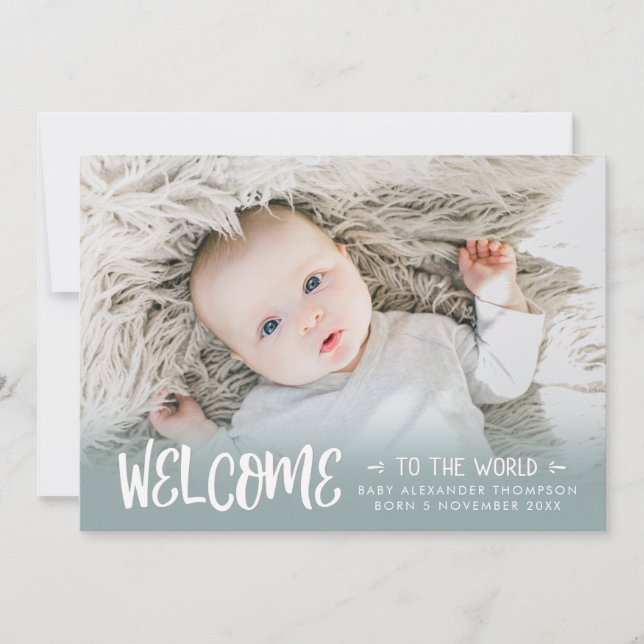 Newborn Baby Welcome to the World Blue Photo Birth Announcement (Front)
