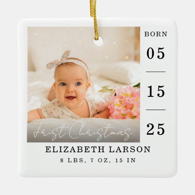 Newborn Baby's Birth Stats Custom Name & Photo Ceramic Ornament (Front)