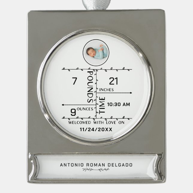 Newborn Birth Stats Baby Photo Announcement Silver Plated Banner Ornament (Front)