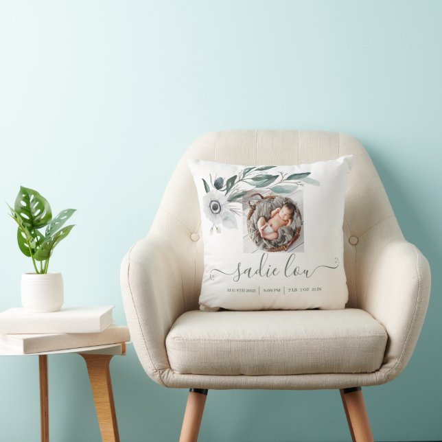 Newborn Birth Stats Photo Throw Pillow  (Chair)