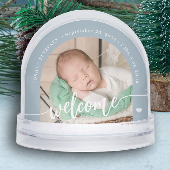Newborn boy baby 2 photo welcome script keepsake snowglobe (Creator Uploaded)