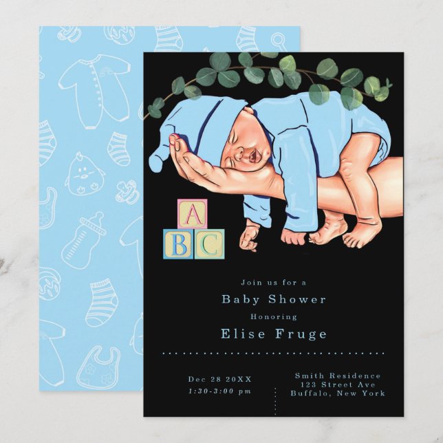 Newborn Boy on Mummy Arms Blue Baby Shower Invitation (Front/Back)