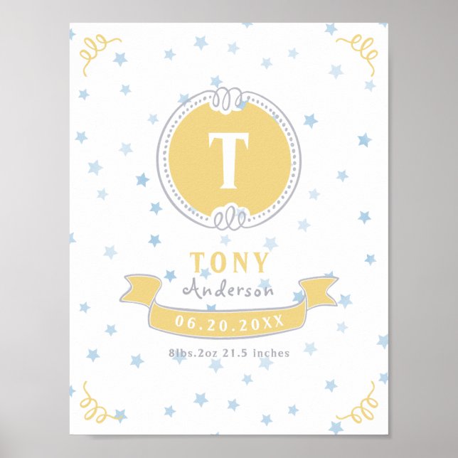 Newborn boy personalised baby keepsakes monogram poster (Front)