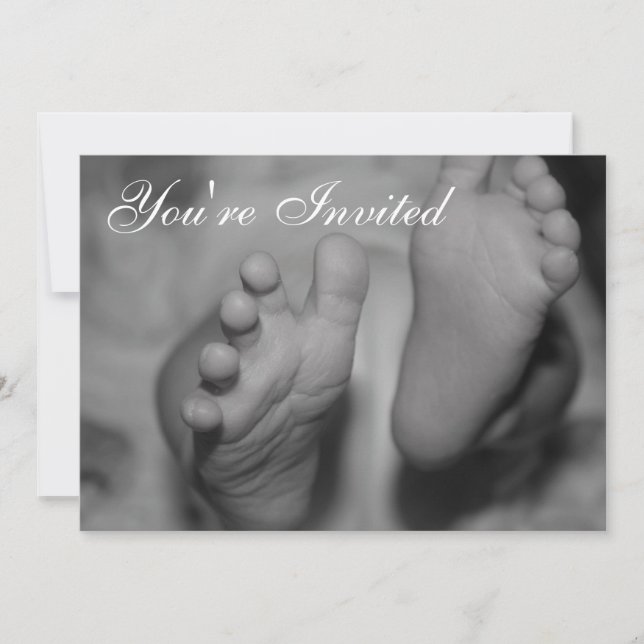 Newborn Feet Black and White Photo Invitation (Front)