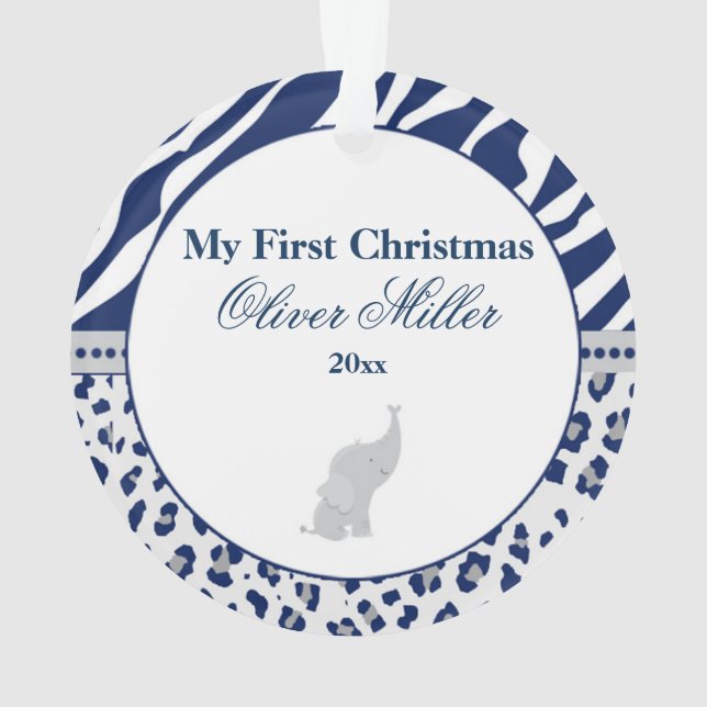 Newborn First Christmas Ornament Blue Elephant (Back)