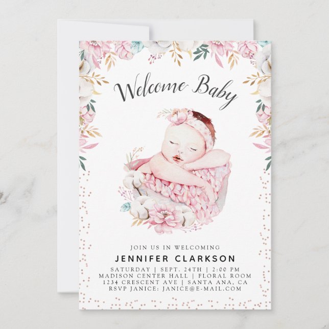 Newborn Floral Welcome Baby Invitation (Front)