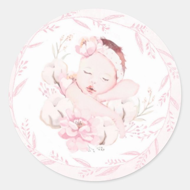 Newborn Girl Hand Drawn Pink Baby Shower  Classic Round Sticker (Front)