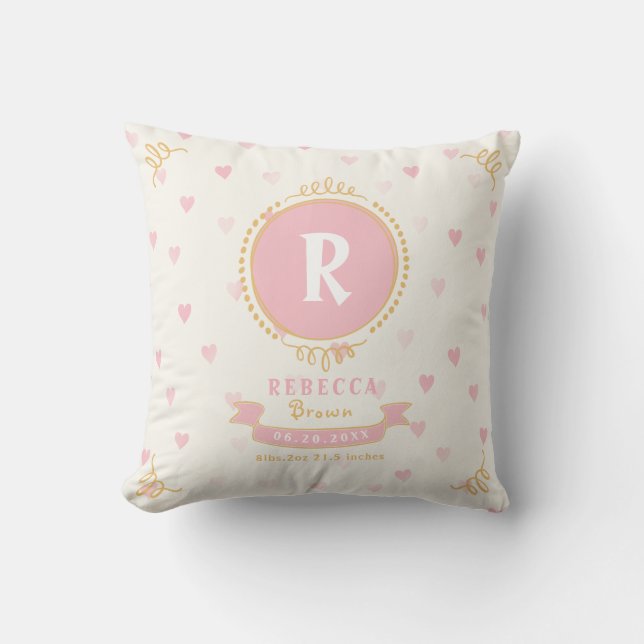 Newborn girl personalised baby keepsakes monogram cushion (Front)