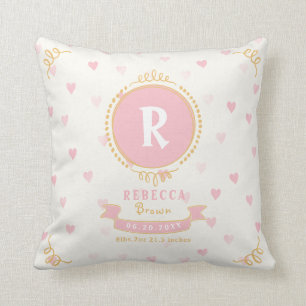 Newborn girl personalised baby keepsakes monogram cushion