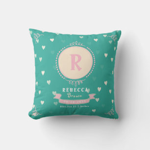 Newborn girl personalised baby keepsakes monogram cushion
