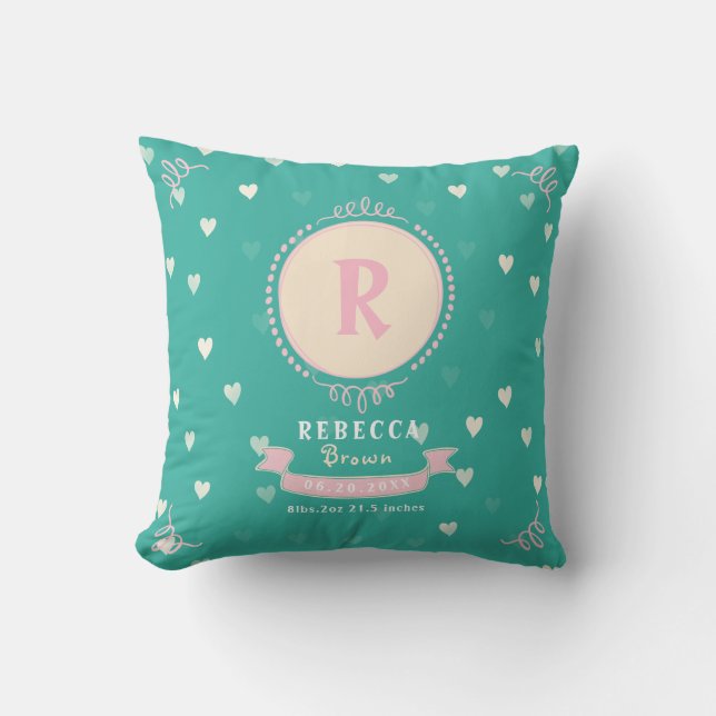 Newborn girl personalised baby keepsakes monogram cushion (Front)