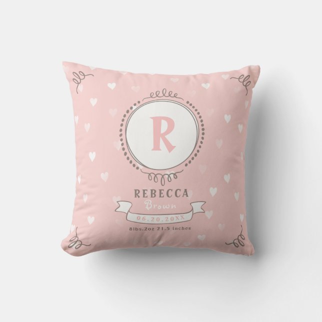 Newborn girl personalised baby keepsakes monogram cushion (Front)