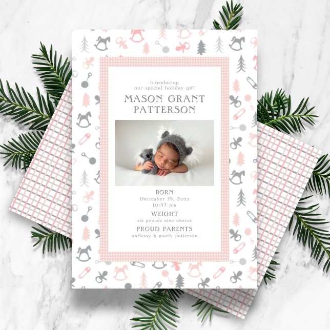 Newborn Holiday Photo Grey Pink Card (Creator Uploaded)