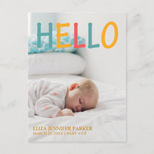 Newborn modern HELLO typography photo baby birth Announcement Postcard