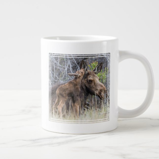 Newborn Moose Calf Nuzzling its Mother Large Coffee Mug (Right)