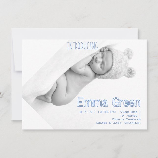 Newborn Photo Baby Boy Birth Announcement Card (Front)