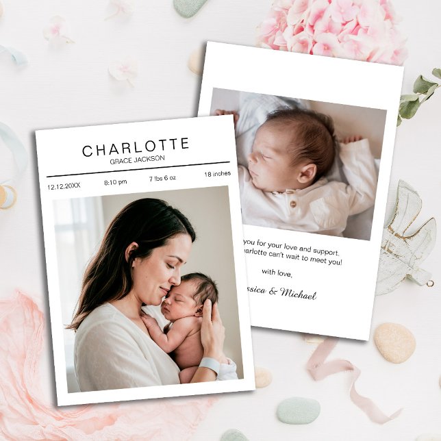 Newborn Photo Baby Stats Birth Announcement Card (Creator Uploaded)