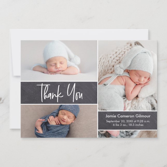 Newborn photo collage modern baby shower thank you card (Front)