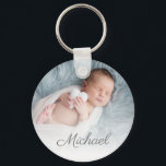 newborn photo personalized  key ring<br><div class="desc">elegant personalized text  with a photo of a newborn baby.</div>