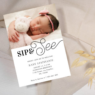 Newborn Photo Whimsical Sip & See Baby Shower Invitation