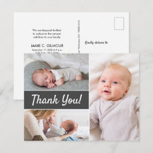Newborn Photography Modern Grey Custom Thank you Postcard