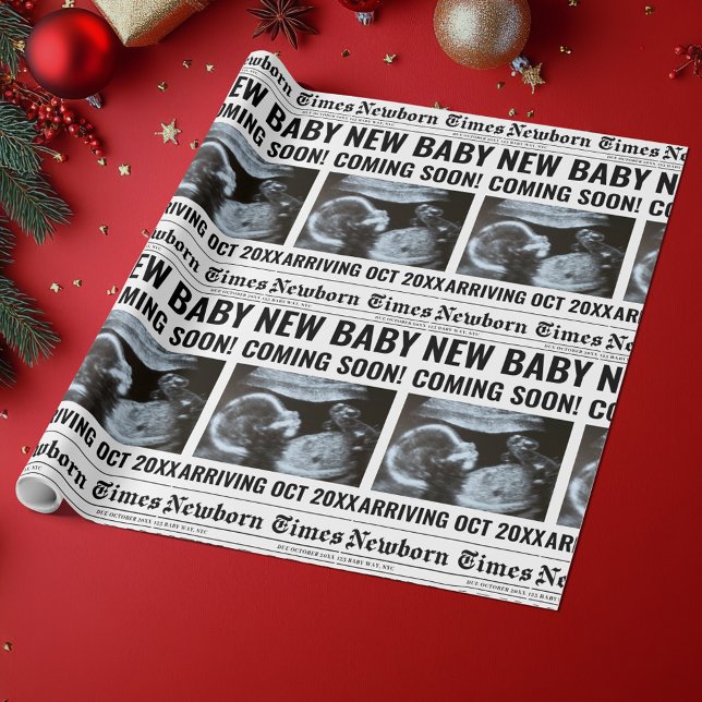 Newborn Times Newspaper Baby Photo Personalised Wrapping Paper (Creator Uploaded)
