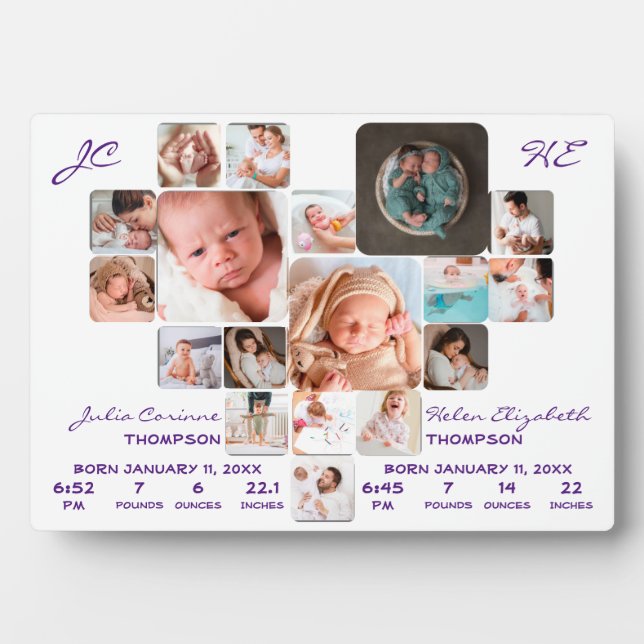 Newborn Twin Babies BiStats Photo Collage Monogram Plaque (Front)