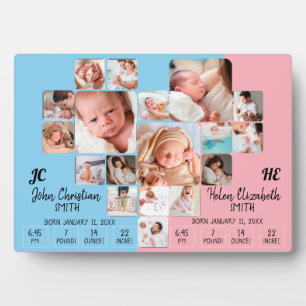 Newborn Twin Baby Stats Photo Collage Monogram Plaque