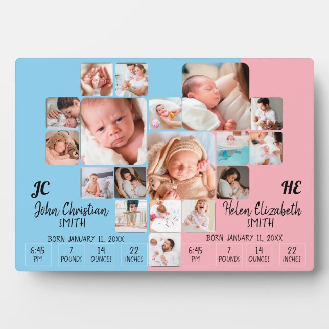 Newborn Twin Baby Stats Photo Collage Monogram Plaque (Front)