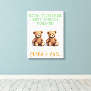 Newborn Twins Nursery, Vintage Teddy Bears,  Canvas Print