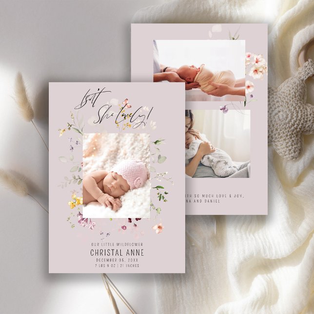 Newborn Wildflower Photo Collage Lilac Girl Birth Announcement (Creator Uploaded)