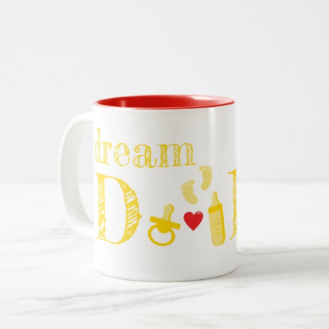 Newborn Yellow Red Dream Dad Text Two-Tone Coffee Mug (Front Left)