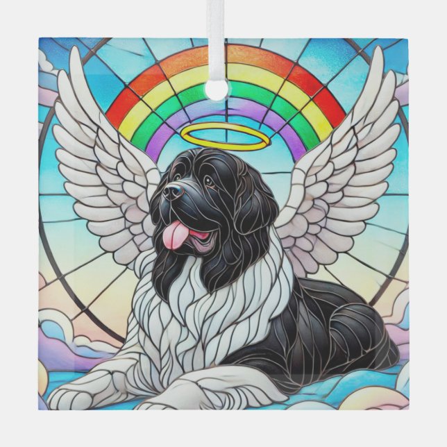 Newf Landseer Angel under Rainbow Glass Ornament  (Front)
