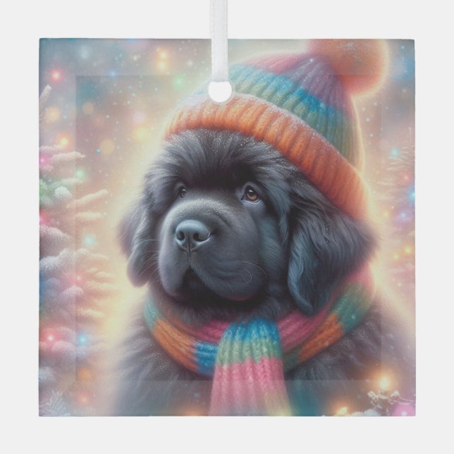 Newfie Pup Winter Square  Glass Tree Decoration (Front)