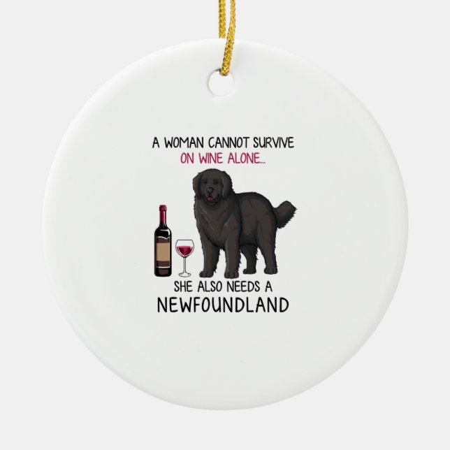 Newfoundland and wine Funny dog  Ceramic Tree Decoration (Front)