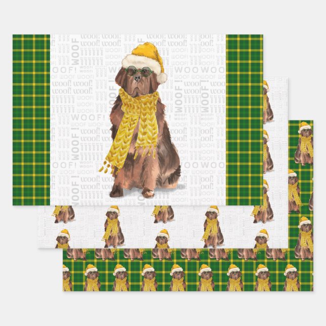 Newfoundland Christmas Dog Green Plaid Holiday Wrapping Paper Sheet (Set)