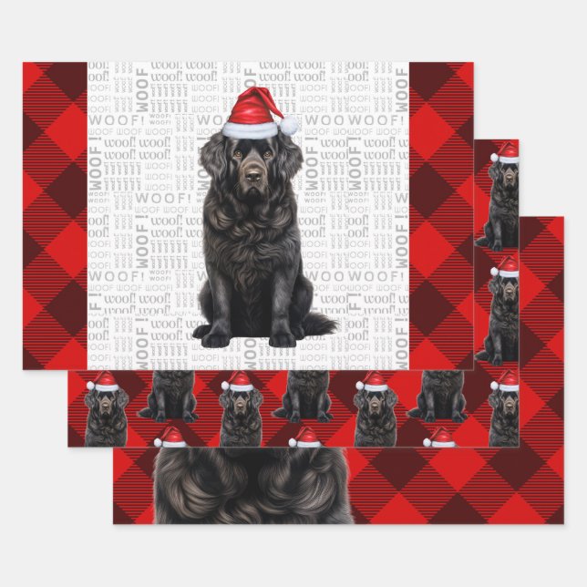 Newfoundland Christmas Dog Red Buffalo Plaid Wrapping Paper Sheet (Set)