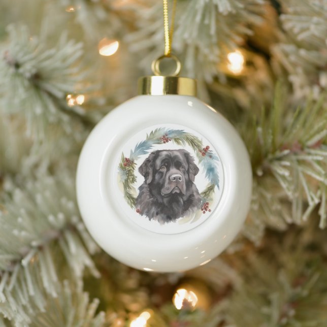 Newfoundland Christmas Wreath Festive Pup  Ceramic Ball Christmas Ornament (Tree)