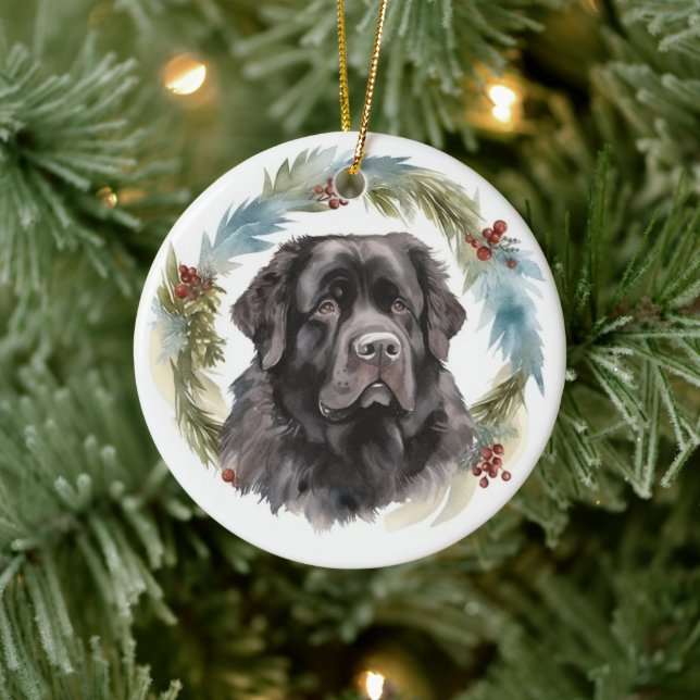 Newfoundland Christmas Wreath Festive Pup  Ceramic Tree Decoration (Tree)