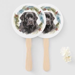 Newfoundland Christmas Wreath Festive Pup  Hand Fan