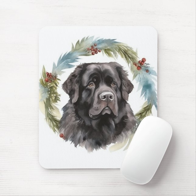 Newfoundland Christmas Wreath Festive Pup  Mouse Mat (With Mouse)