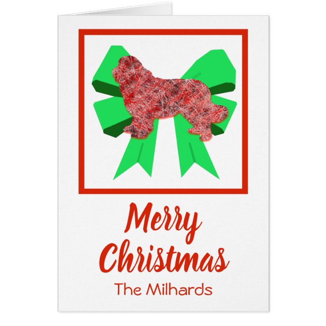 Newfoundland Cute Christmas Dog & Green Bow Card (Front)