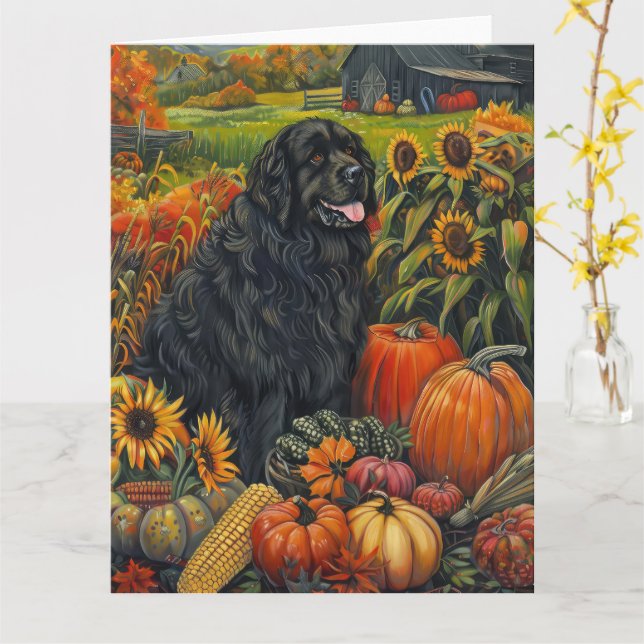 Newfoundland Dog Autumn Harvest Thanksgiving Card (Yellow Flower)