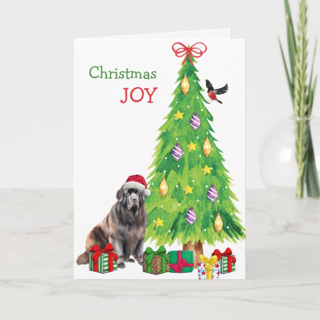 Newfoundland Dog, Bird and Christmas Tree Holiday Card (Front)